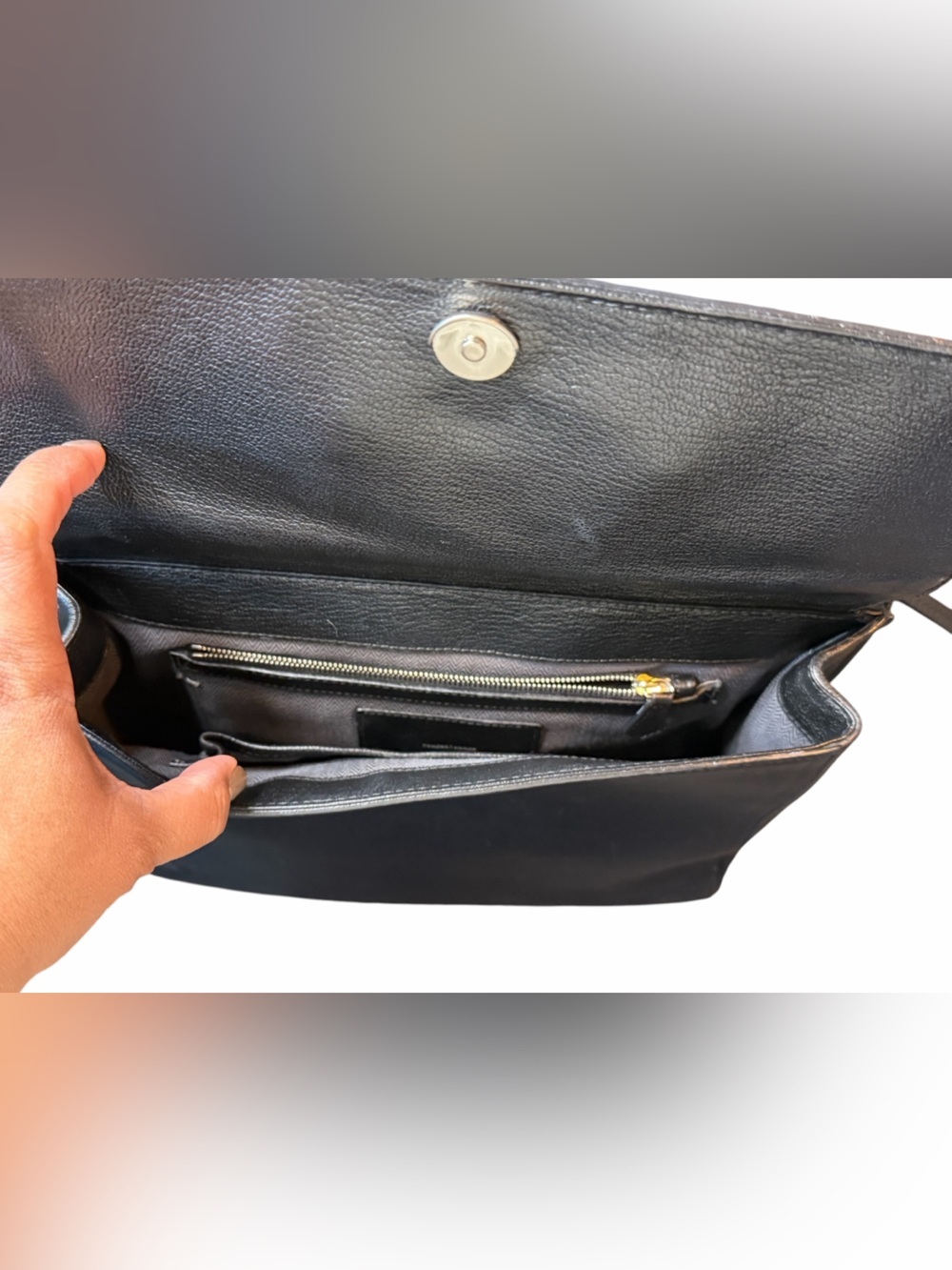 Black Leather Shoulder Bag with Grey Croc-Embossed Flap - Picture 8 of 15
